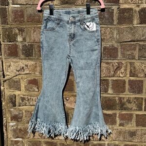 Girls Light Wash Flared Jeans with Frayed Hem